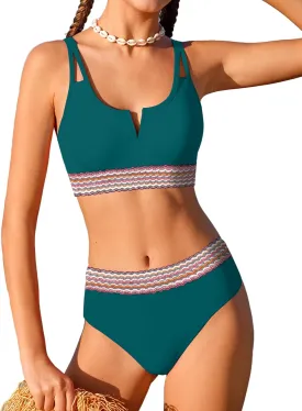Girls Swimsuit High Waisted Bathing Suit for Girls V-Neck Cutout Two Piece Swimwear Color Block Welt Bikini Set 9-16y