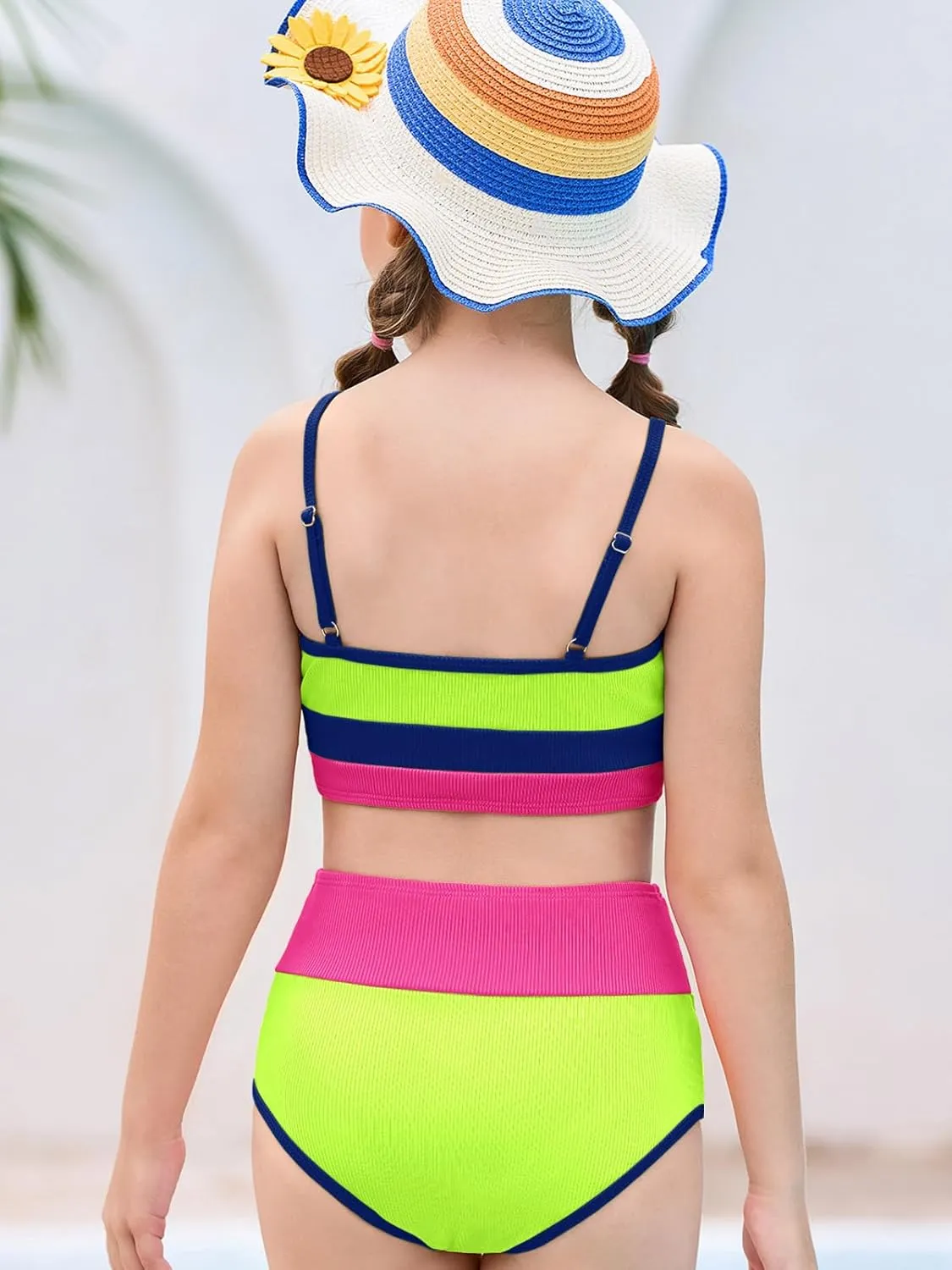 Haloumoning Girls Swimsuits Bikini Set Adjustable Straps Two Piece Color Block Girls' Swimwear with Chest Pad 5-14 Years