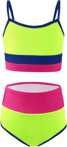 Haloumoning Girls Swimsuits Bikini Set Adjustable Straps Two Piece Color Block Girls' Swimwear with Chest Pad 5-14 Years