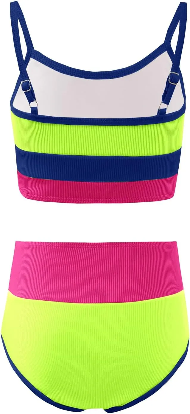 Haloumoning Girls Swimsuits Bikini Set Adjustable Straps Two Piece Color Block Girls' Swimwear with Chest Pad 5-14 Years