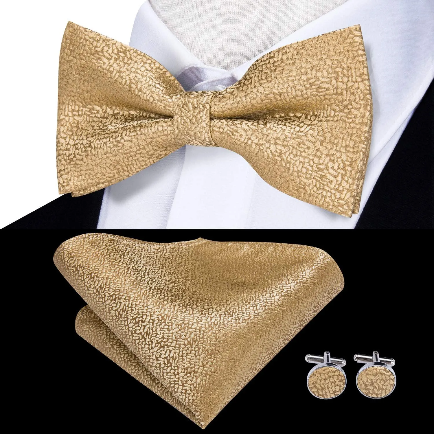 Hi-Tie Men Ties Bowtie Set Woven Silk Necktie Bow Tie and Pocket Square Cufflinks Set with Tie Clip or Flower Lapel Pin