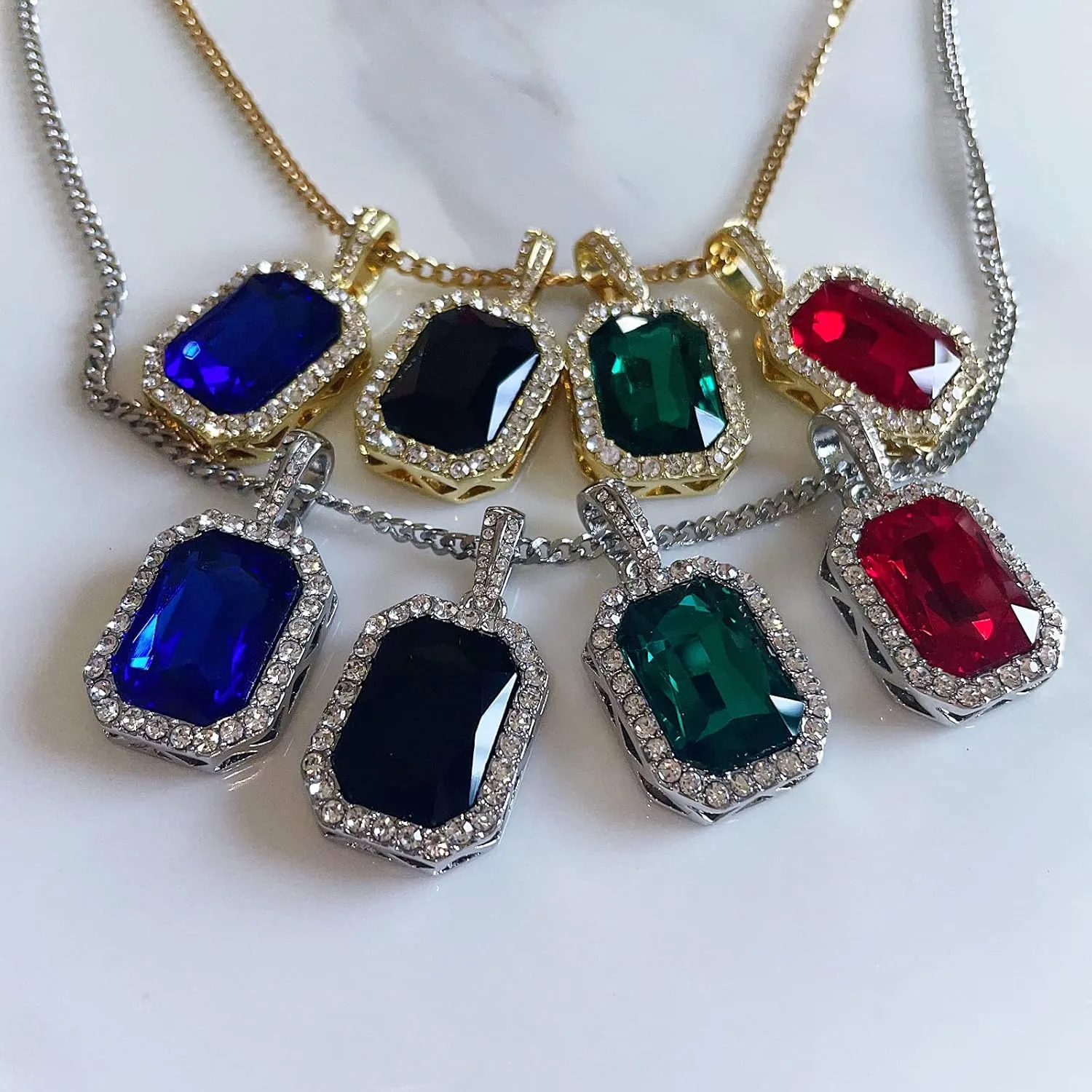 Hip Hop Necklace Iced Out Crystal Pendant Jewelry Gemstone Zirconia with Stainless Steel Cuban Chain Silver/Gold Plated for Men Women