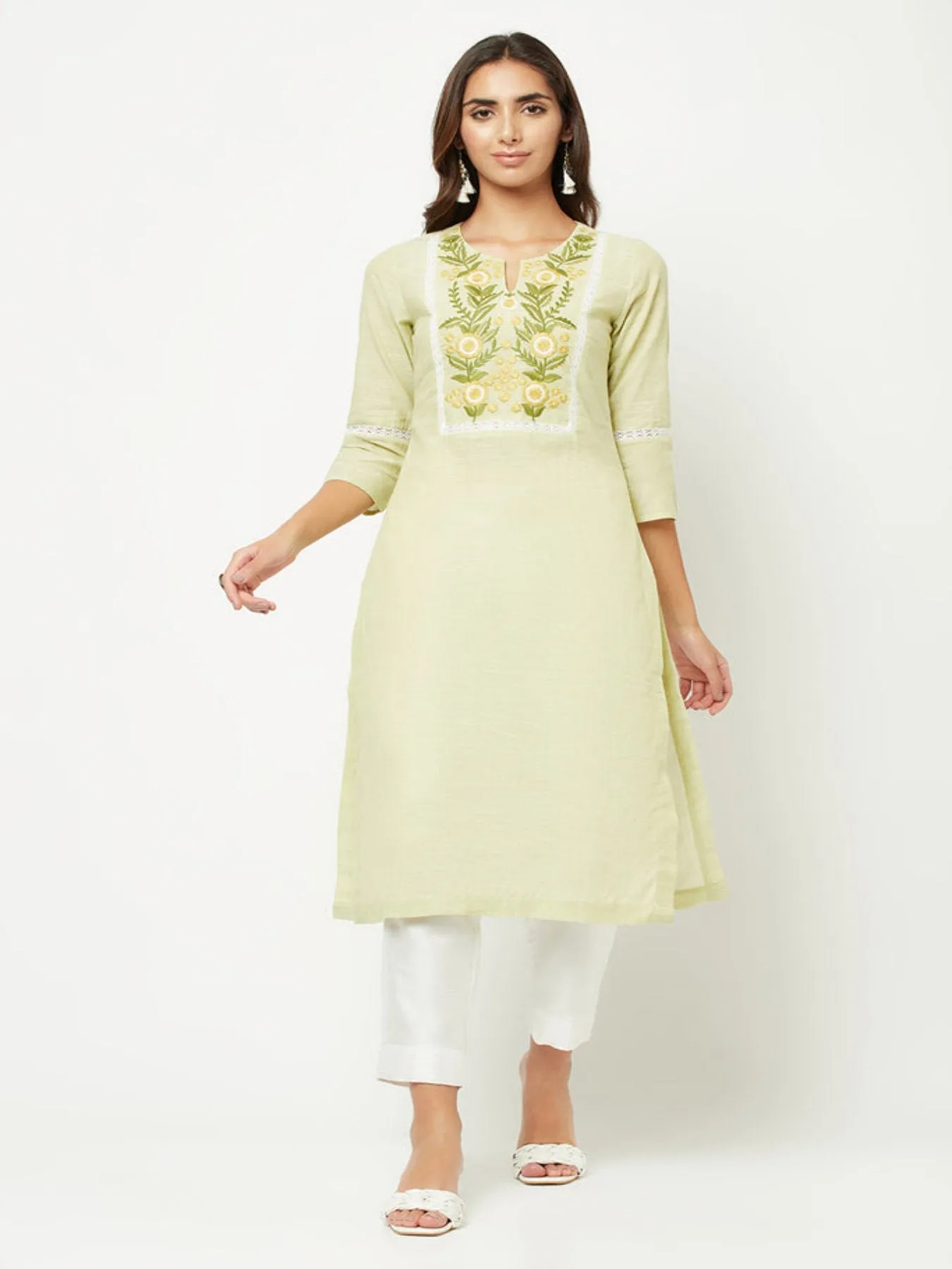 Lime Green Yoke Embroidered Kurta
