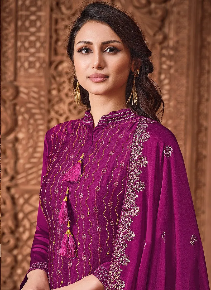 Magenta Purple Sequins Embroidered Sharara Suit