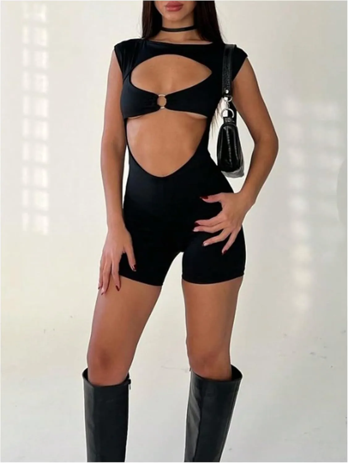 MakeMeChic Women's Cut Out Ring Romper Sexy Sleeveless Going Out Tops Bodysuit Unitards