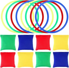 OOTSR 16pcs Nylon Bean Bags Plastic Rings Game Sets for Kids Ring Toss Game Booth Carnival Garden Backyard Outdoor Games Speed and Agility Training Games(8x8cm Bean Bag)