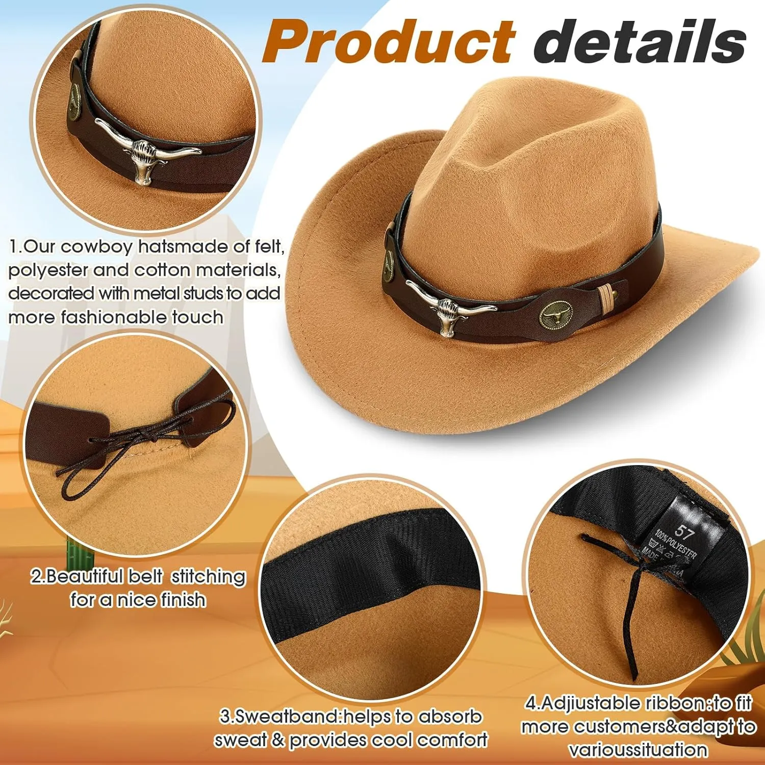 Panitay 4 Pcs Classic Western Cowboy Hat for Men Felt Wide Brim Hats Women Belt Buckle Panama for Adults Kids Party, 4 Colors