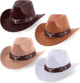 Panitay 4 Pcs Classic Western Cowboy Hat for Men Felt Wide Brim Hats Women Belt Buckle Panama for Adults Kids Party, 4 Colors