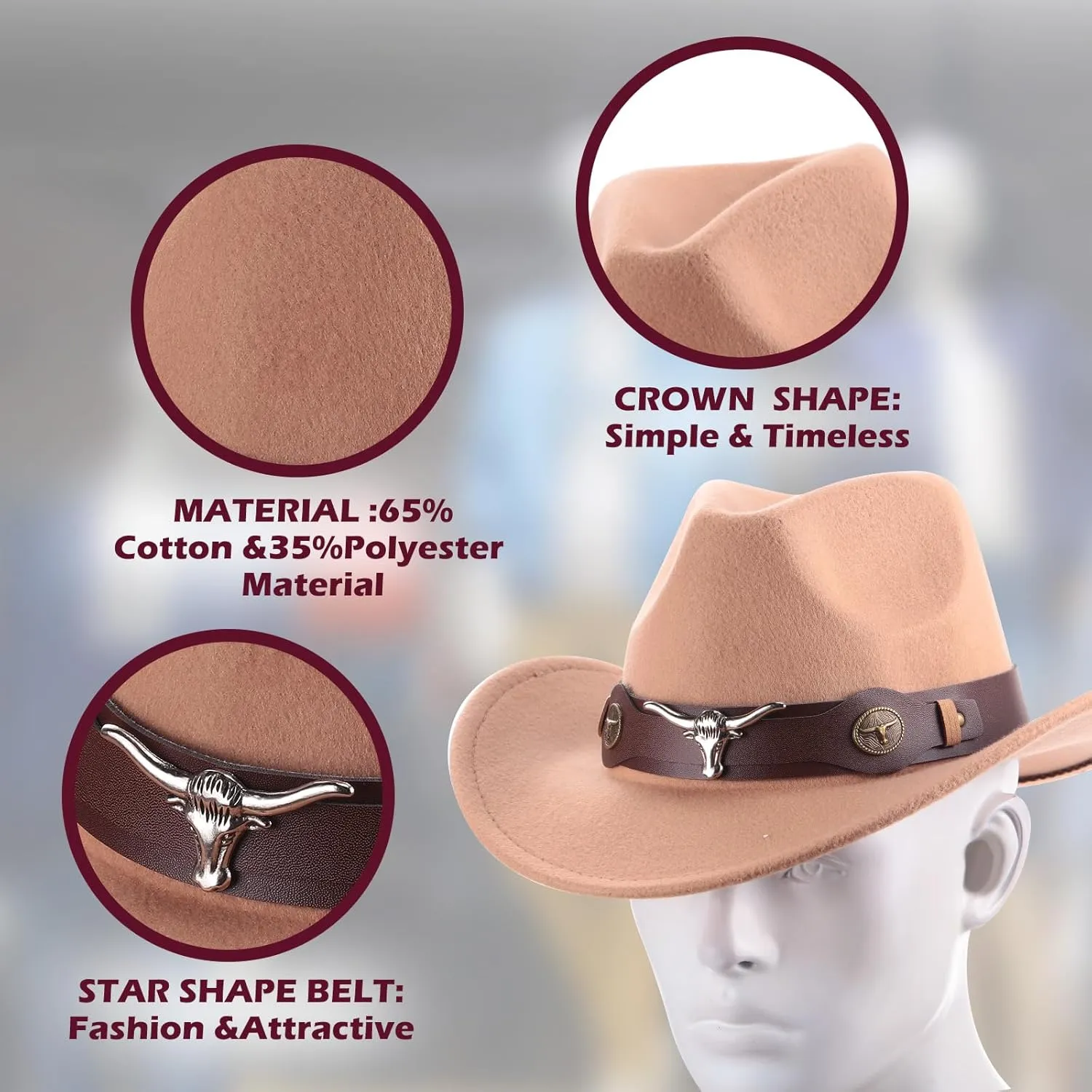 Panitay 4 Pcs Classic Western Cowboy Hat for Men Felt Wide Brim Hats Women Belt Buckle Panama for Adults Kids Party, 4 Colors