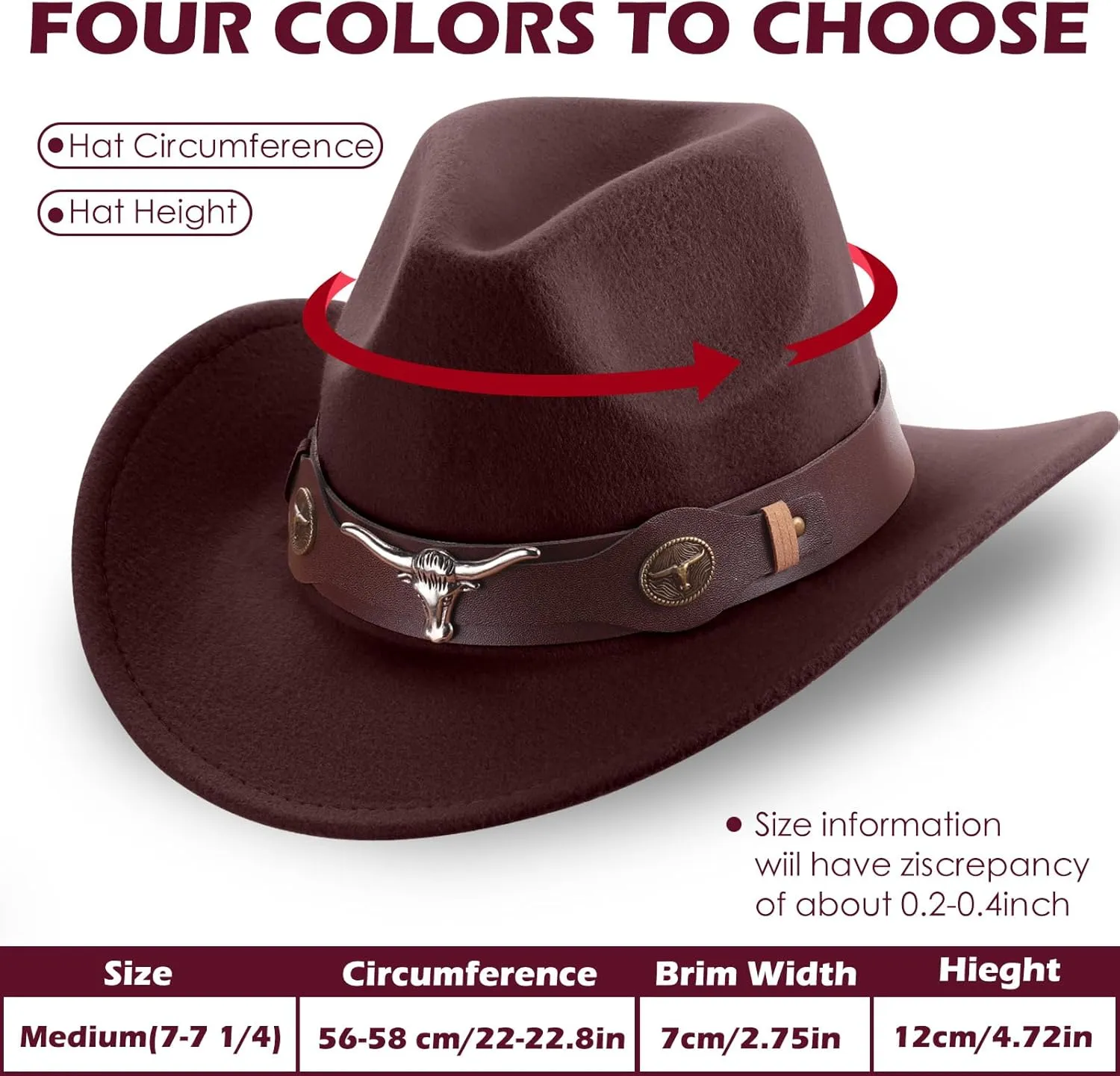 Panitay 4 Pcs Classic Western Cowboy Hat for Men Felt Wide Brim Hats Women Belt Buckle Panama for Adults Kids Party, 4 Colors