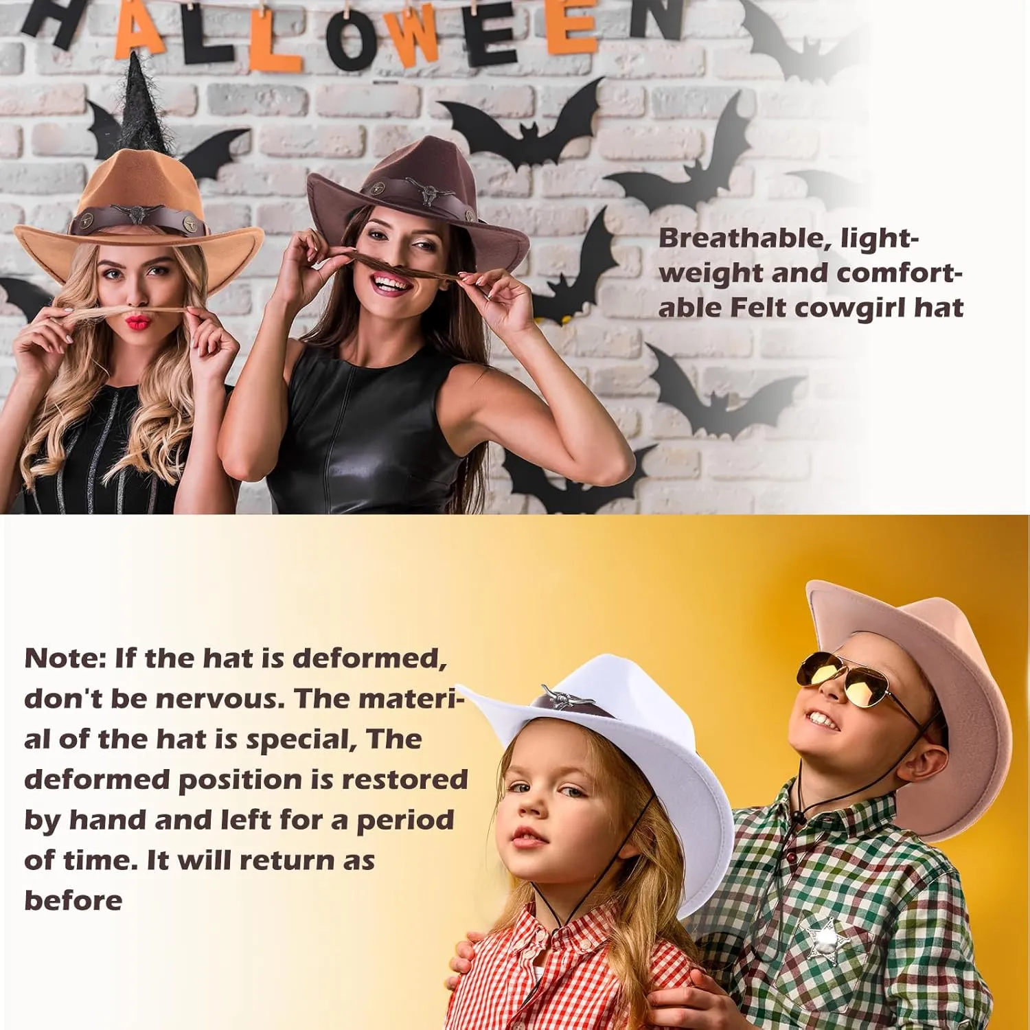 Panitay 4 Pcs Classic Western Cowboy Hat for Men Felt Wide Brim Hats Women Belt Buckle Panama for Adults Kids Party, 4 Colors