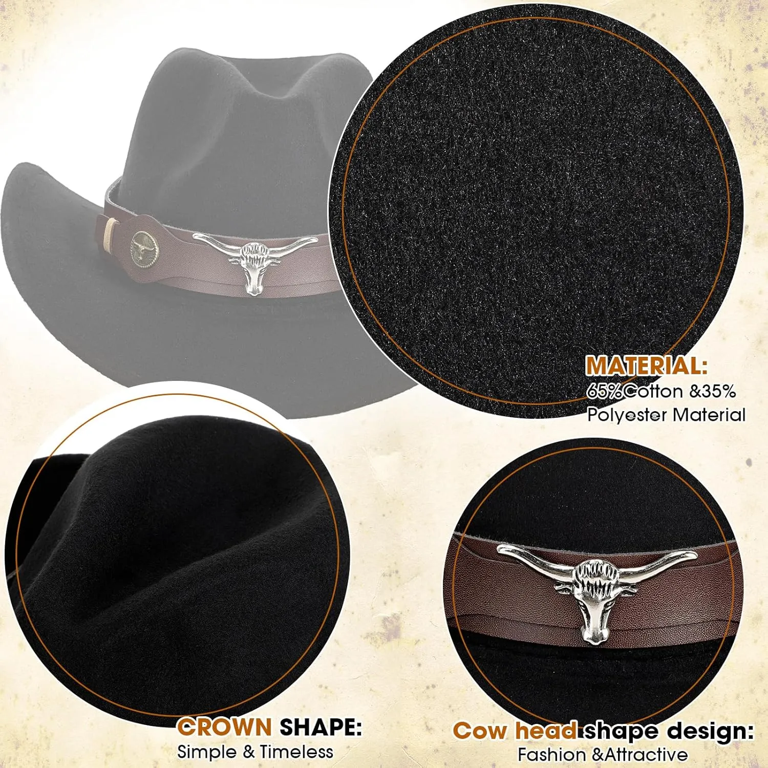 Panitay 4 Pcs Classic Western Cowboy Hat for Men Felt Wide Brim Hats Women Belt Buckle Panama for Adults Kids Party, 4 Colors