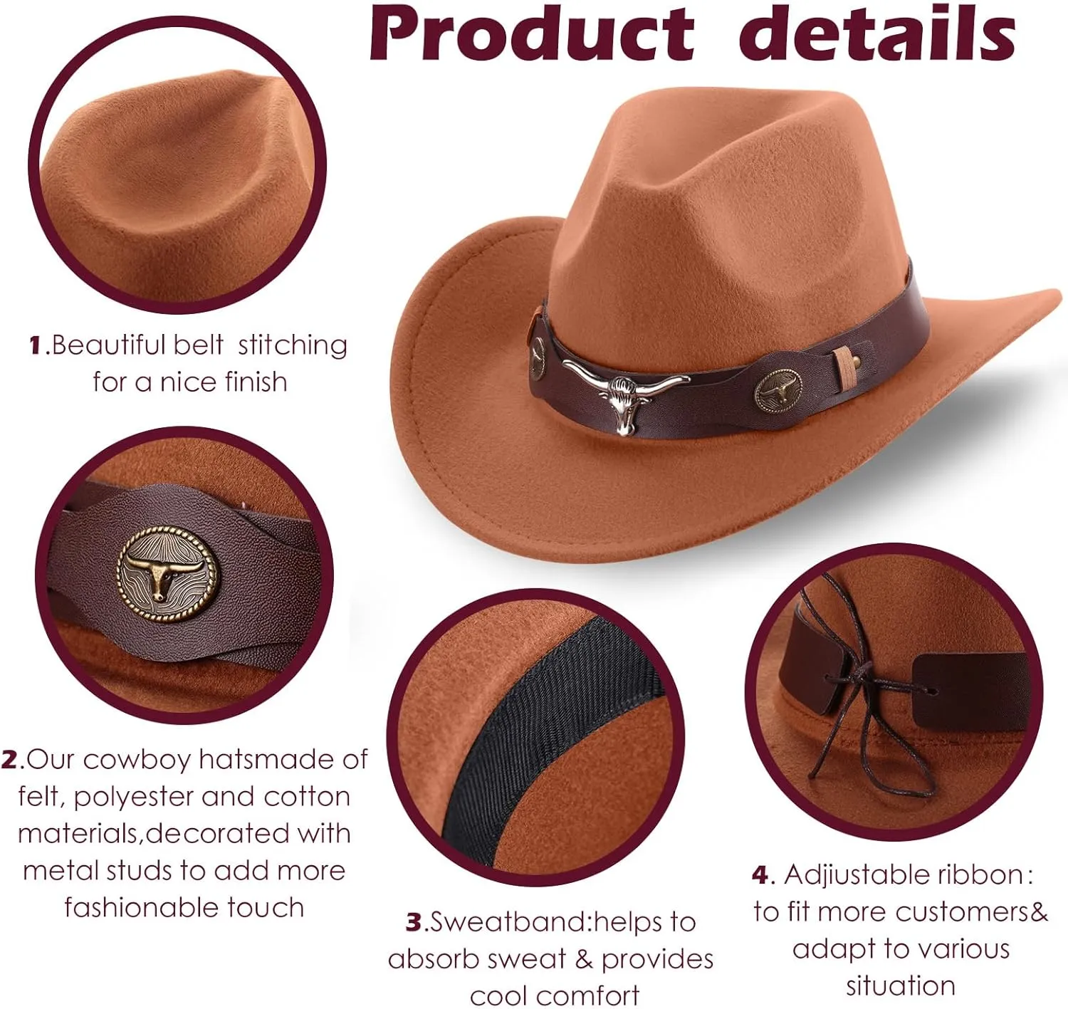 Panitay 4 Pcs Classic Western Cowboy Hat for Men Felt Wide Brim Hats Women Belt Buckle Panama for Adults Kids Party, 4 Colors