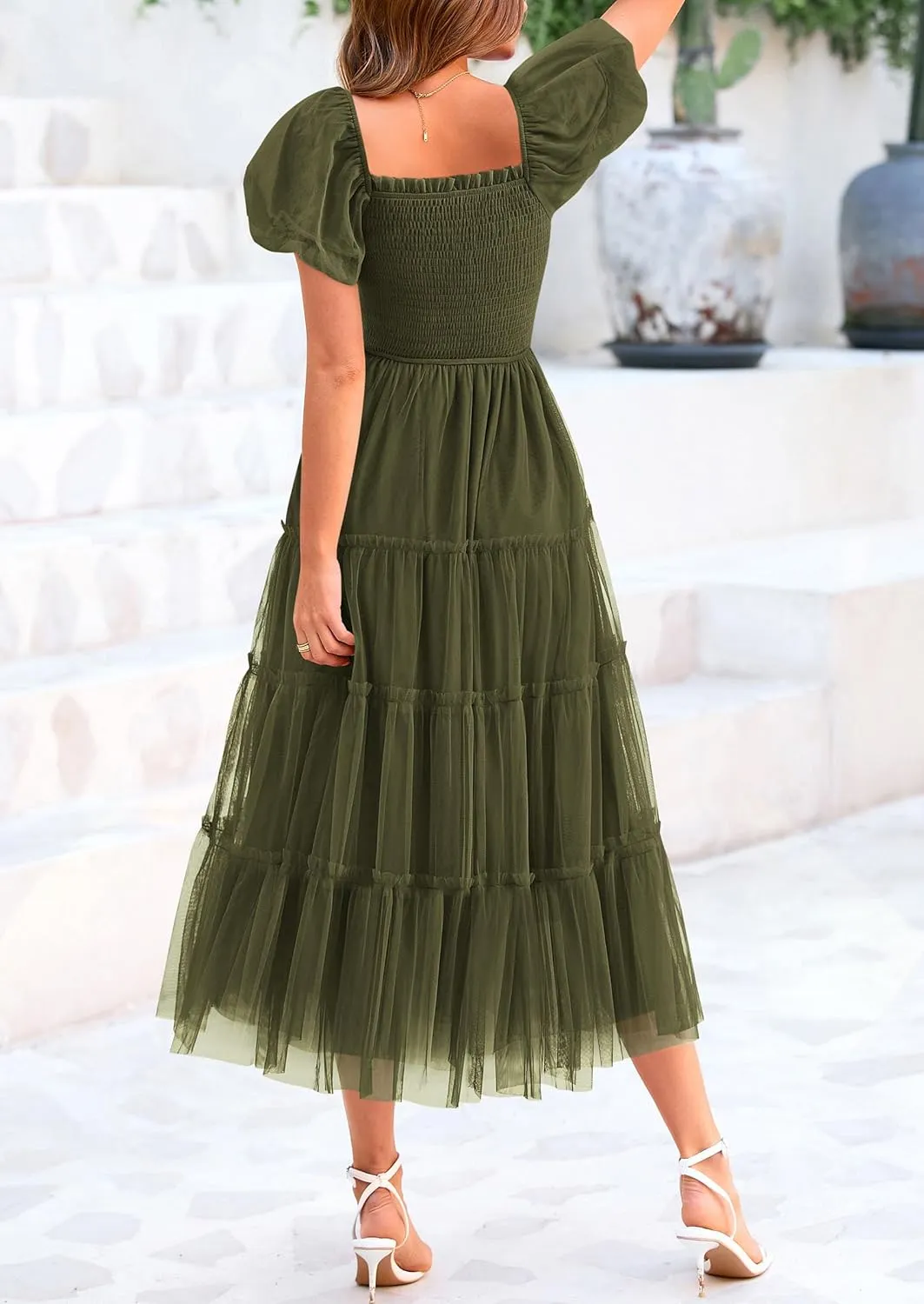 PRETTYGARDEN Women's Smocked Tulle Midi Dress 2025 Summer Square Neck Puffy Short Sleeve Ruffle Wedding Guest Party Dresses