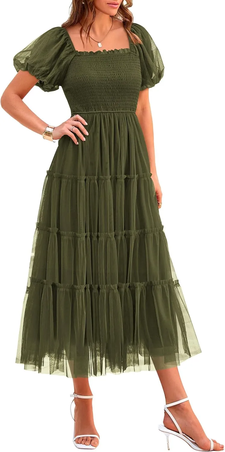 PRETTYGARDEN Women's Smocked Tulle Midi Dress 2025 Summer Square Neck Puffy Short Sleeve Ruffle Wedding Guest Party Dresses