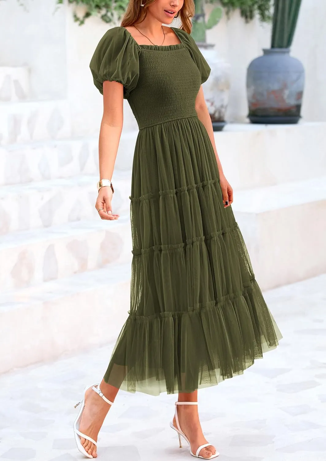 PRETTYGARDEN Women's Smocked Tulle Midi Dress 2025 Summer Square Neck Puffy Short Sleeve Ruffle Wedding Guest Party Dresses