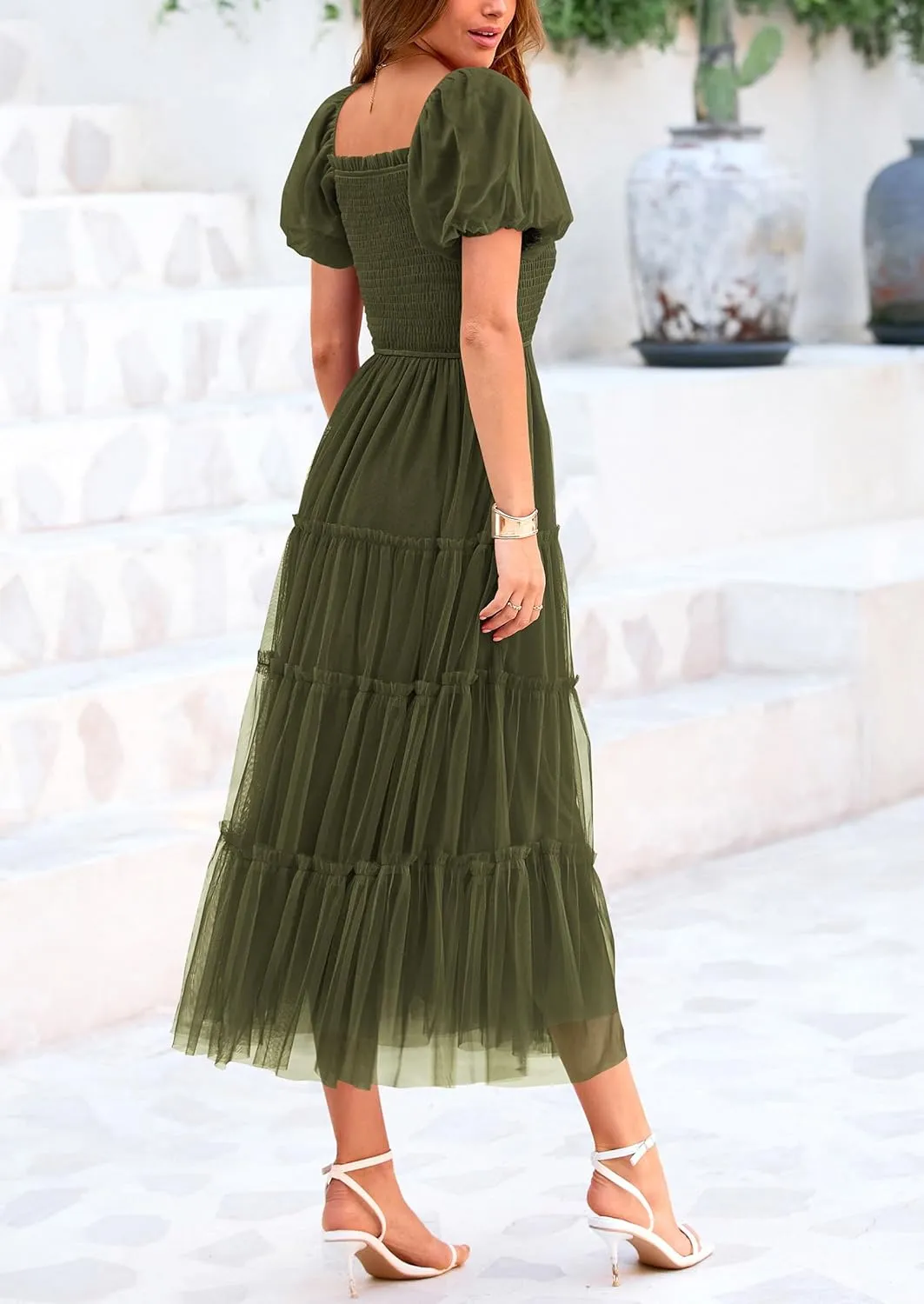 PRETTYGARDEN Women's Smocked Tulle Midi Dress 2025 Summer Square Neck Puffy Short Sleeve Ruffle Wedding Guest Party Dresses