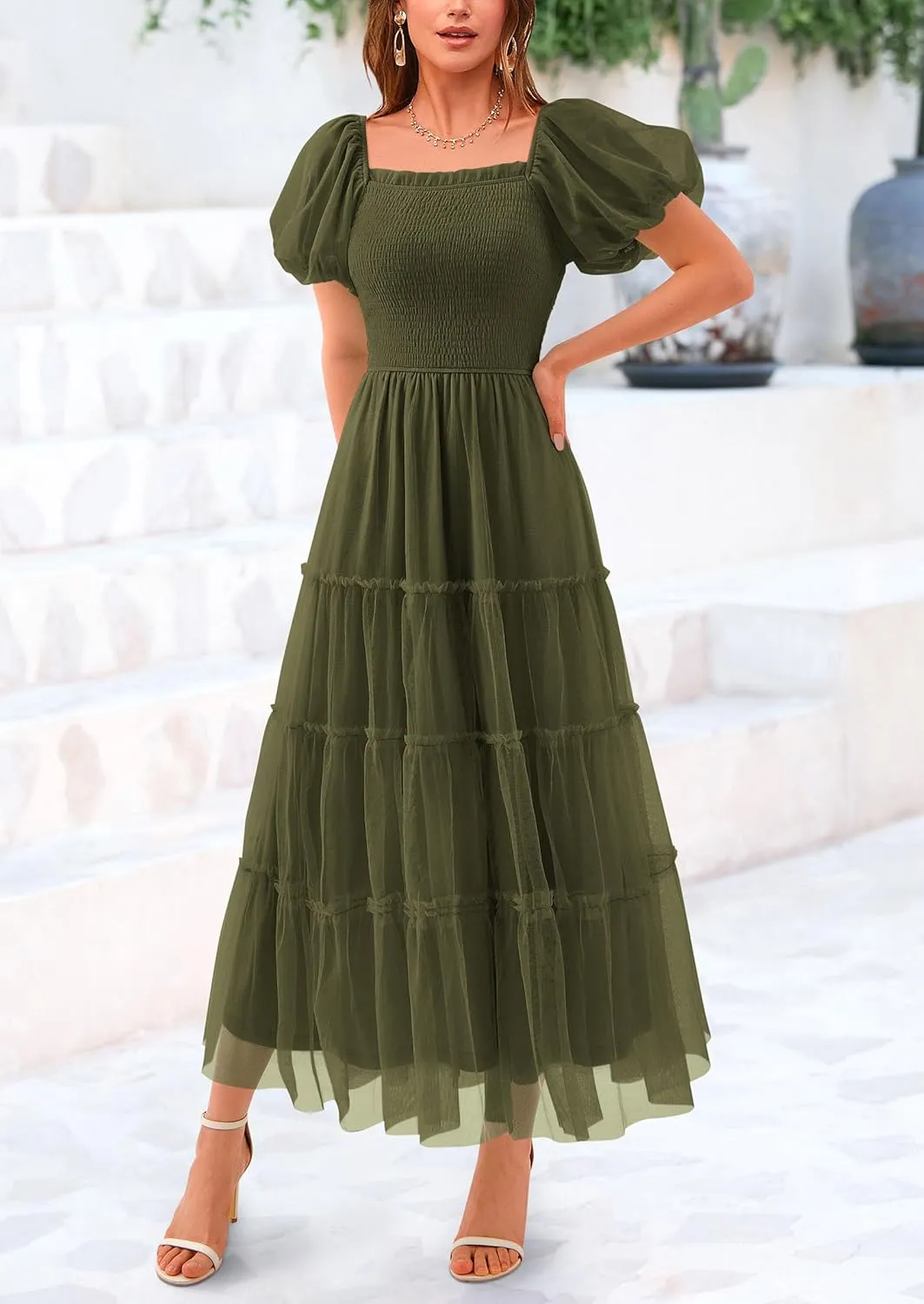 PRETTYGARDEN Women's Smocked Tulle Midi Dress 2025 Summer Square Neck Puffy Short Sleeve Ruffle Wedding Guest Party Dresses