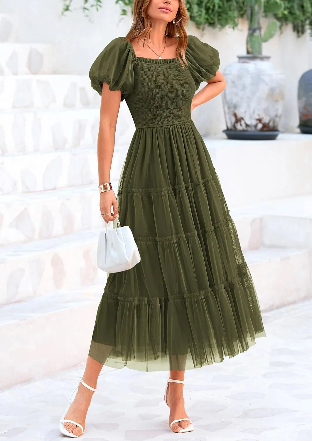 PRETTYGARDEN Women's Smocked Tulle Midi Dress 2025 Summer Square Neck Puffy Short Sleeve Ruffle Wedding Guest Party Dresses