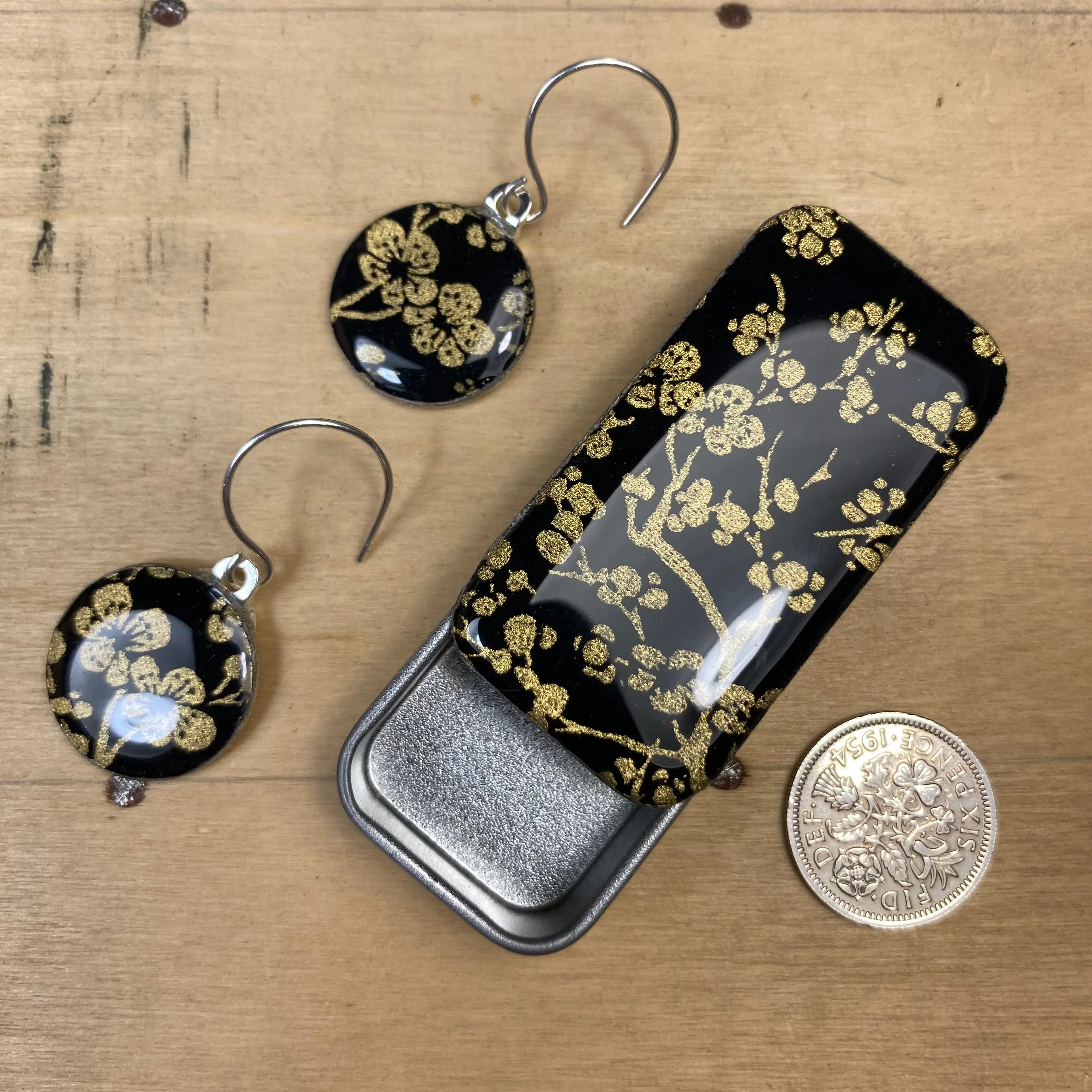 Sixpence Earrings and Teeny Tiny Tin - Sakura Gold