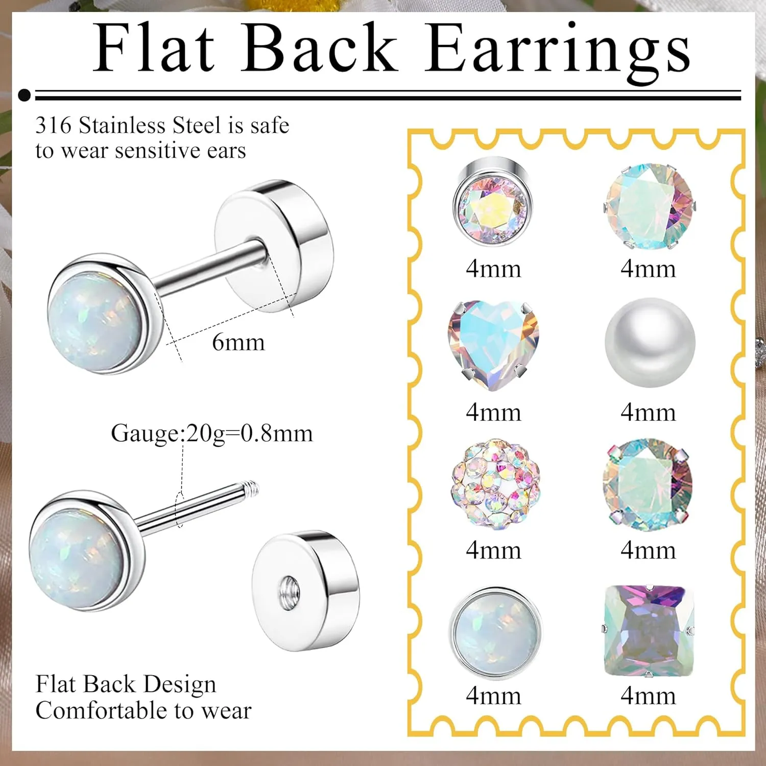 Staligue 8 Pairs Titanium Surgical Steel Earrings for Women Men Hypoallergenic Flat Back Stud Earrings for Sensitive Ears 20 Gauge Surgical Steel Cartilage Earring Opal CZ Pearl Small Nap Sleeper Earrings
