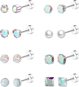 Staligue 8 Pairs Titanium Surgical Steel Earrings for Women Men Hypoallergenic Flat Back Stud Earrings for Sensitive Ears 20 Gauge Surgical Steel Cartilage Earring Opal CZ Pearl Small Nap Sleeper Earrings
