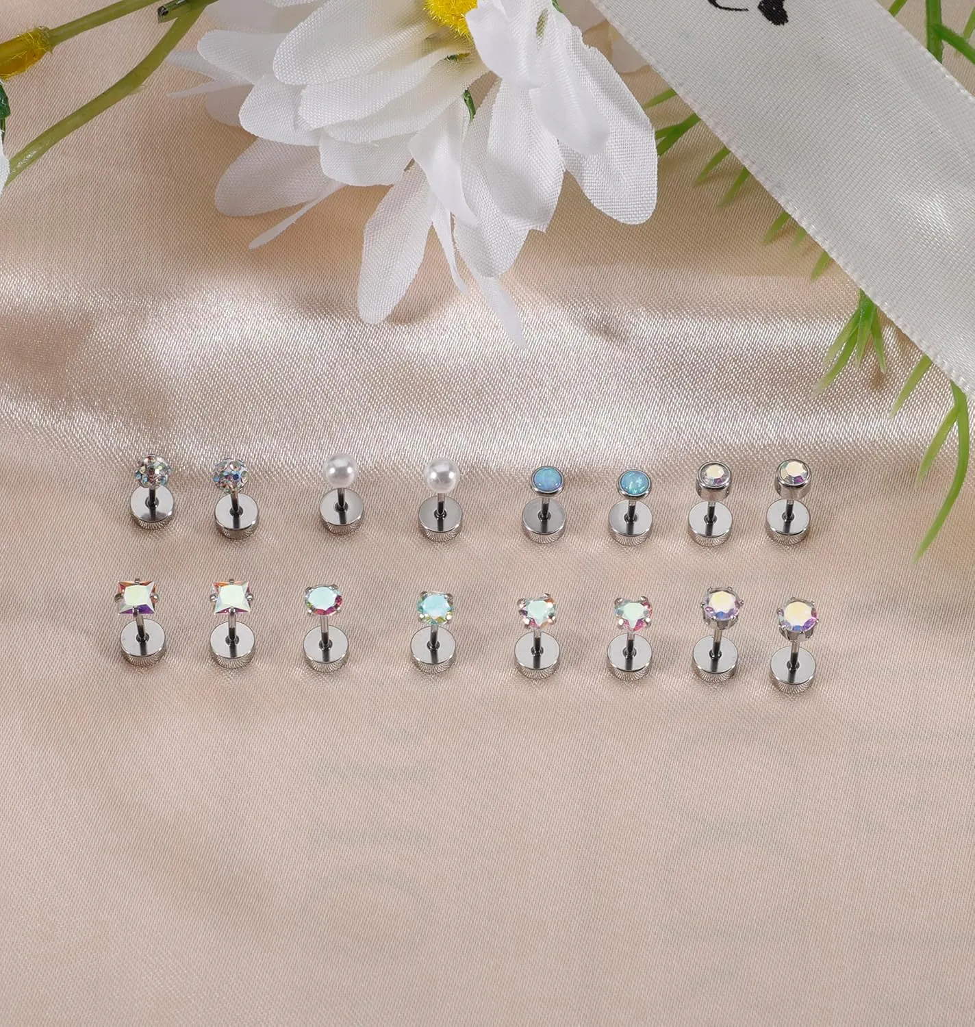 Staligue 8 Pairs Titanium Surgical Steel Earrings for Women Men Hypoallergenic Flat Back Stud Earrings for Sensitive Ears 20 Gauge Surgical Steel Cartilage Earring Opal CZ Pearl Small Nap Sleeper Earrings