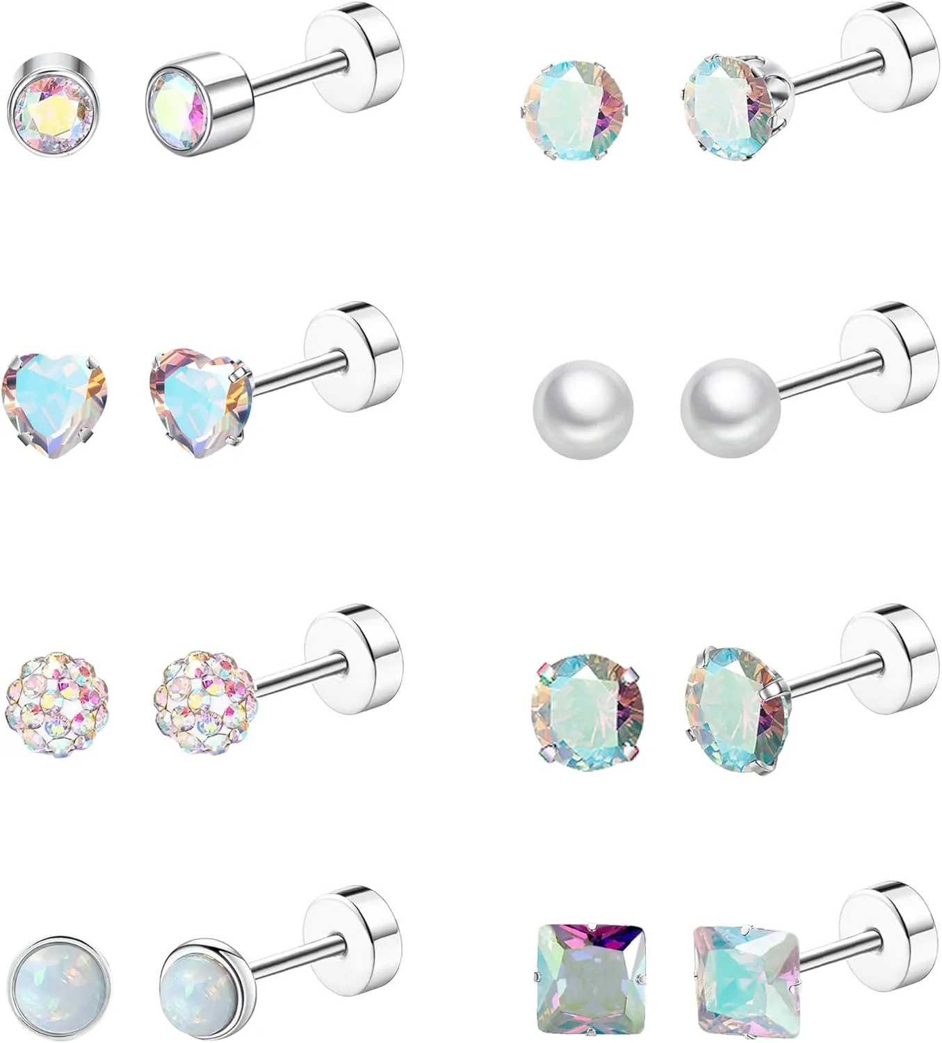 Staligue 8 Pairs Titanium Surgical Steel Earrings for Women Men Hypoallergenic Flat Back Stud Earrings for Sensitive Ears 20 Gauge Surgical Steel Cartilage Earring Opal CZ Pearl Small Nap Sleeper Earrings
