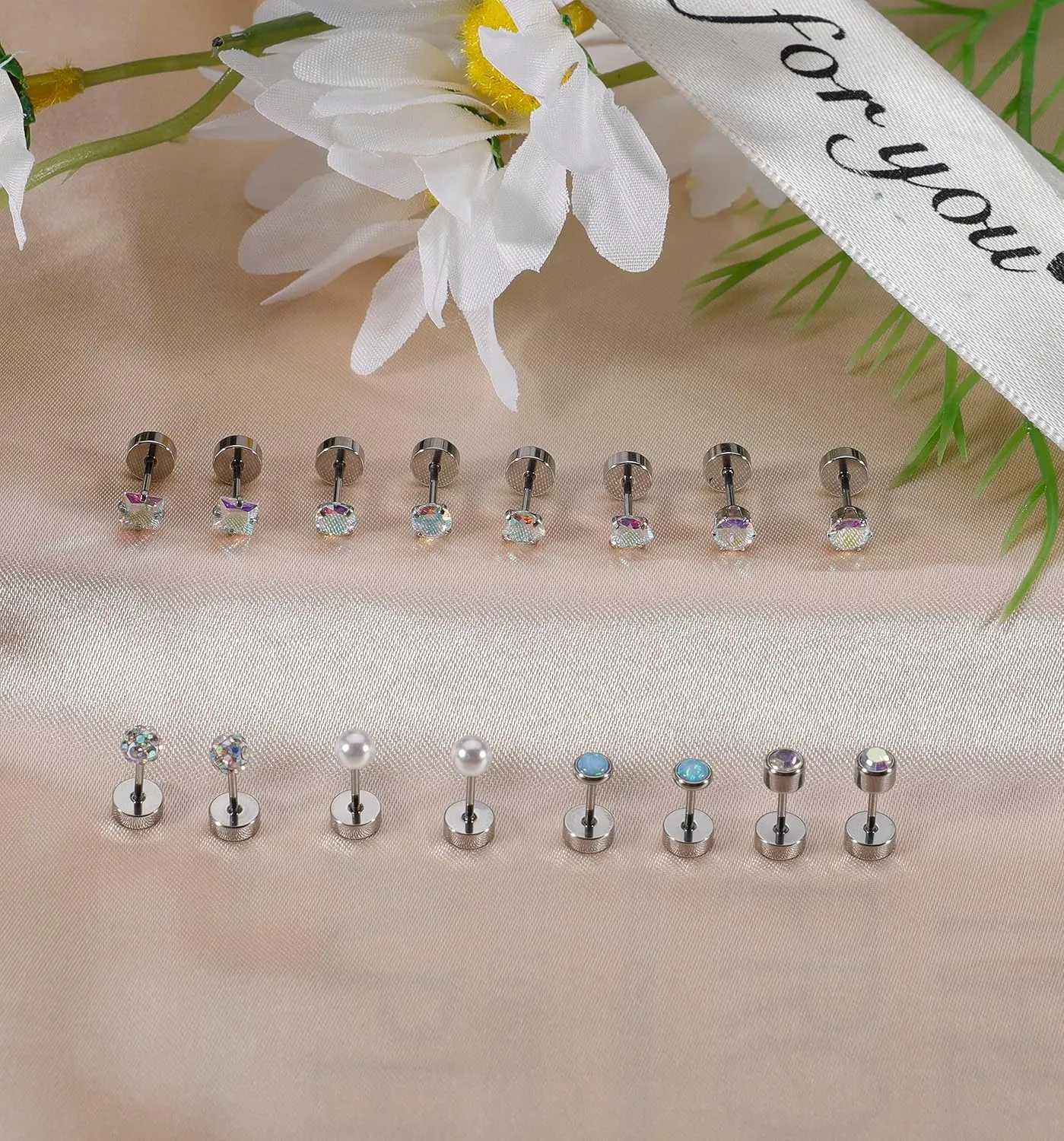 Staligue 8 Pairs Titanium Surgical Steel Earrings for Women Men Hypoallergenic Flat Back Stud Earrings for Sensitive Ears 20 Gauge Surgical Steel Cartilage Earring Opal CZ Pearl Small Nap Sleeper Earrings