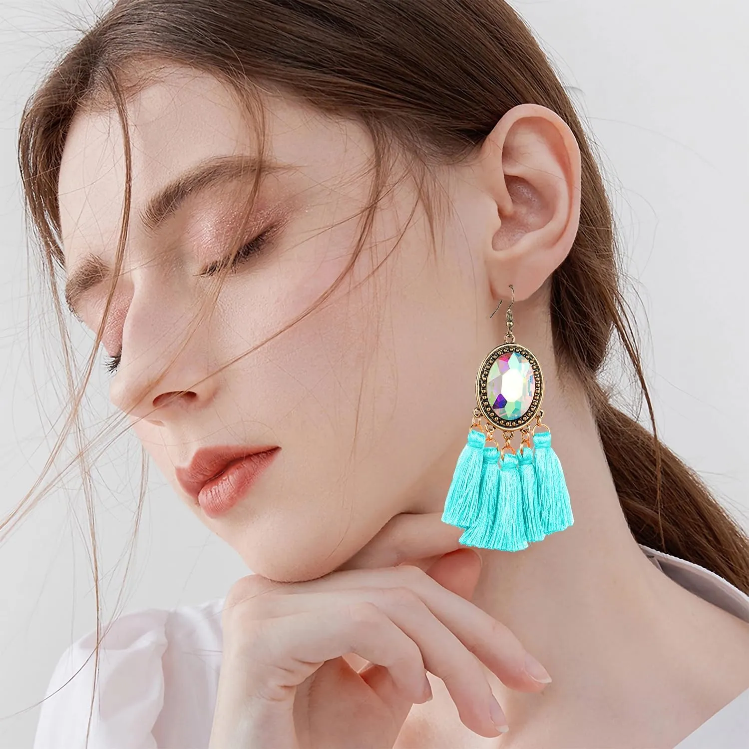 Tassel Earrings For Women Handmade Boho Hanging Around-stone Drop Bold & Eye-Catching Glass Black Red White Green Earrings Dangles Jewelry Accessories Fashion Trendy Birthday Gifts
