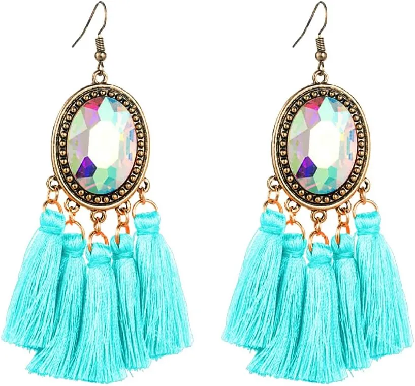 Tassel Earrings For Women Handmade Boho Hanging Around-stone Drop Bold & Eye-Catching Glass Black Red White Green Earrings Dangles Jewelry Accessories Fashion Trendy Birthday Gifts