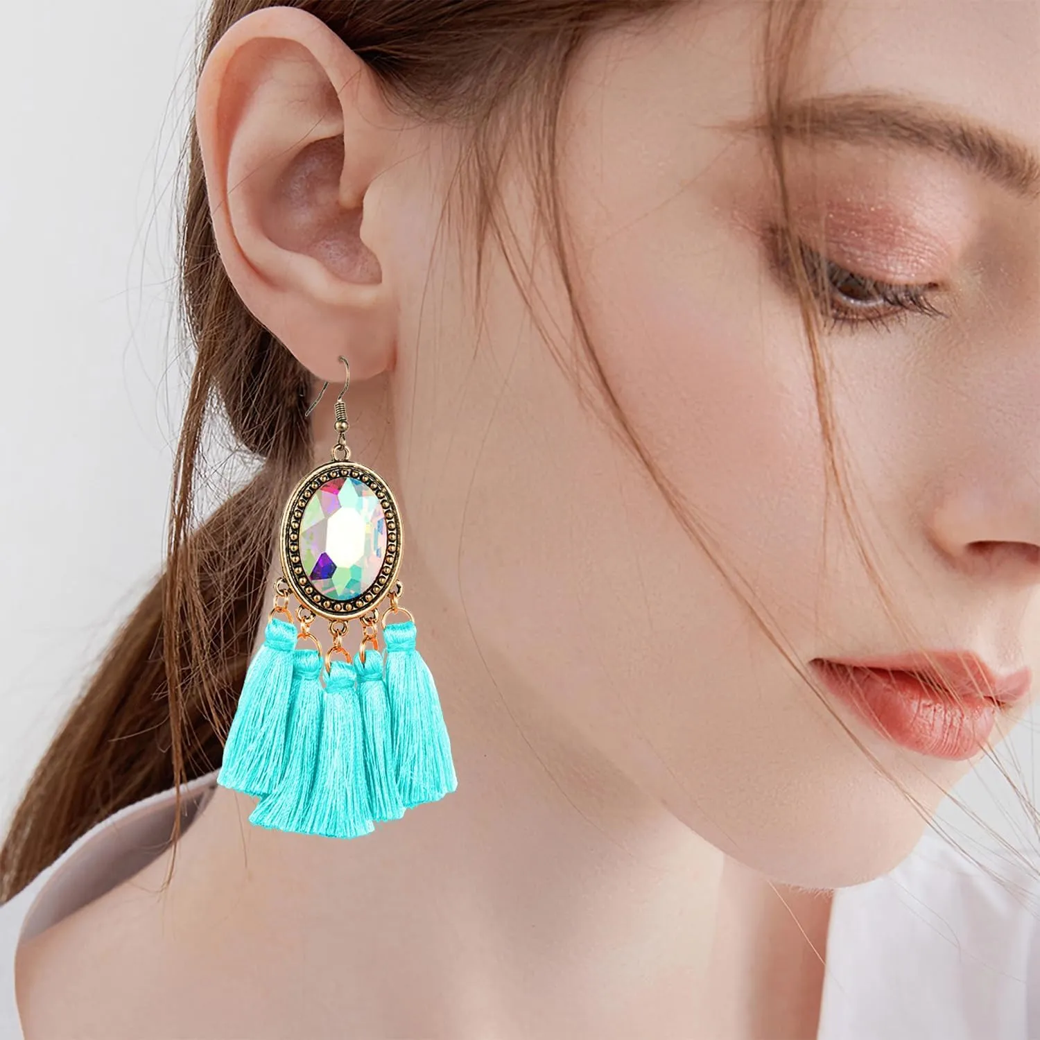 Tassel Earrings For Women Handmade Boho Hanging Around-stone Drop Bold & Eye-Catching Glass Black Red White Green Earrings Dangles Jewelry Accessories Fashion Trendy Birthday Gifts
