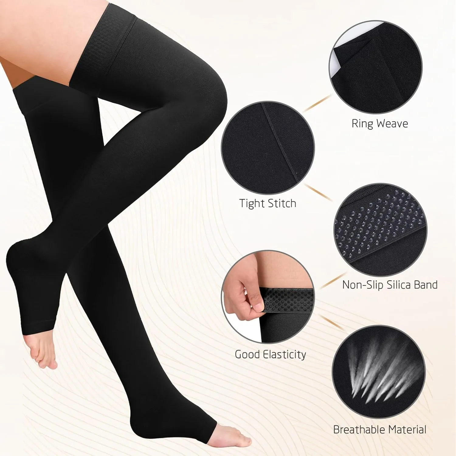 Thigh High 20-30 mmHg Compression Stocking, Open Toe Compression Socks for women & men circulation with Silicone Dot Band-Ideal for Athletic, Medical, Travel Use