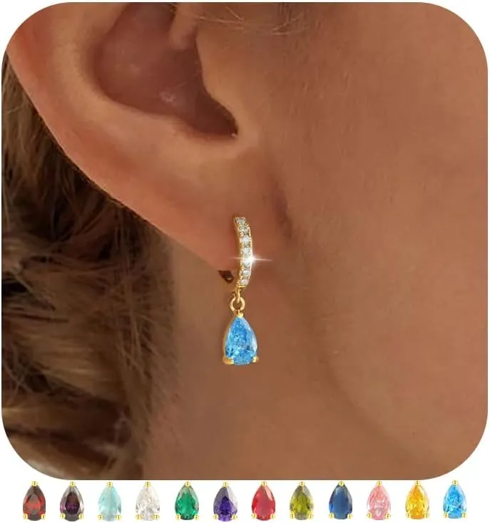 TOBENY Dangle Earrings for Women Trendy 14K Gold Plated Hypoallergenic Drop Hoop Earrings Dainty Diamond Green Emerald Birthstone Huggie Earrings for Birthday Gifts