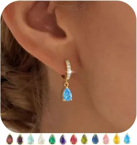 TOBENY Dangle Earrings for Women Trendy 14K Gold Plated Hypoallergenic Drop Hoop Earrings Dainty Diamond Green Emerald Birthstone Huggie Earrings for Birthday Gifts