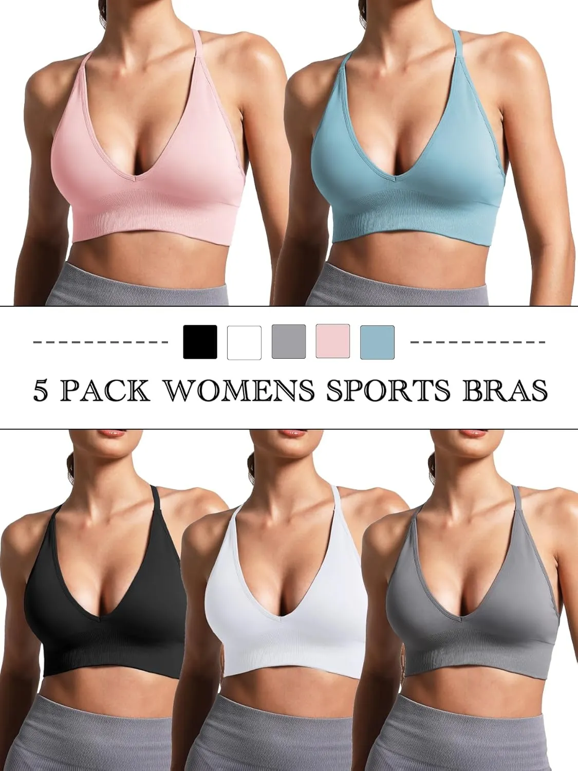 V Neck Adjustable Spaghetti Straps Sports Bra for Women, Padded Criss Cross Back Longline Yoga Bra Workout Crop Top Multipack