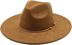 Women Men Suede Fedora Hats 9.5Cm Wide Brim Panama Western Cowboy Hat Gold Circle Church Caps