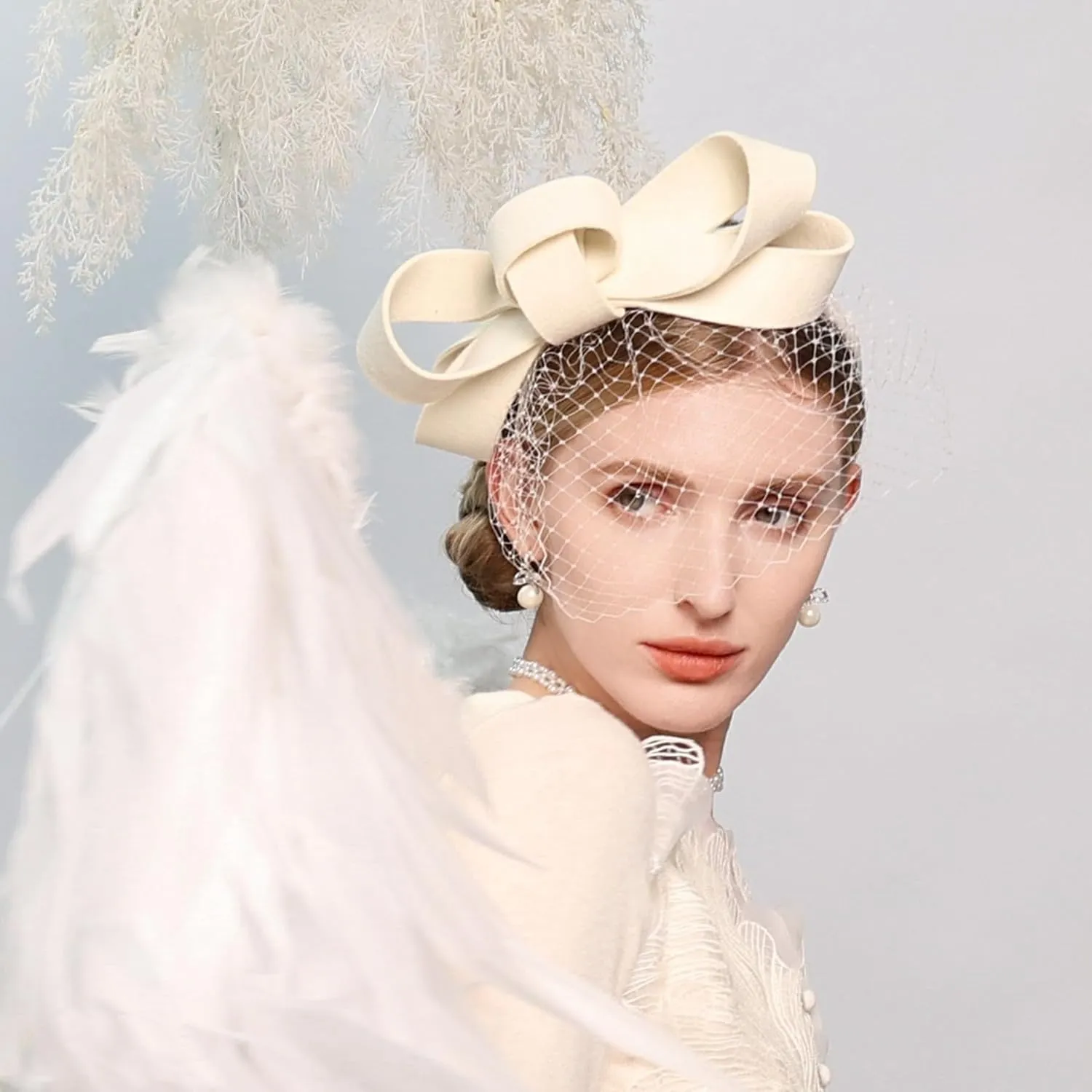 Wool Felt Fascinators Wedding Hats for Women with Veil Bowknot Tea Party Lady Elegant Church Dress Derby Cap