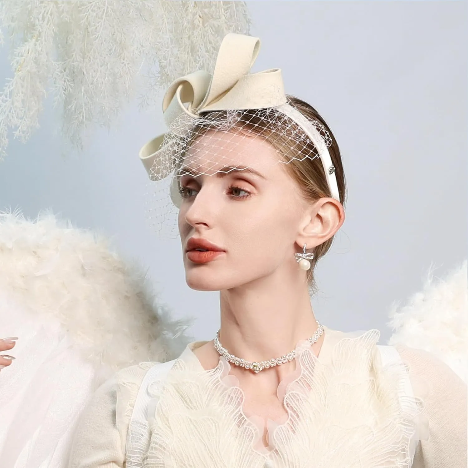Wool Felt Fascinators Wedding Hats for Women with Veil Bowknot Tea Party Lady Elegant Church Dress Derby Cap