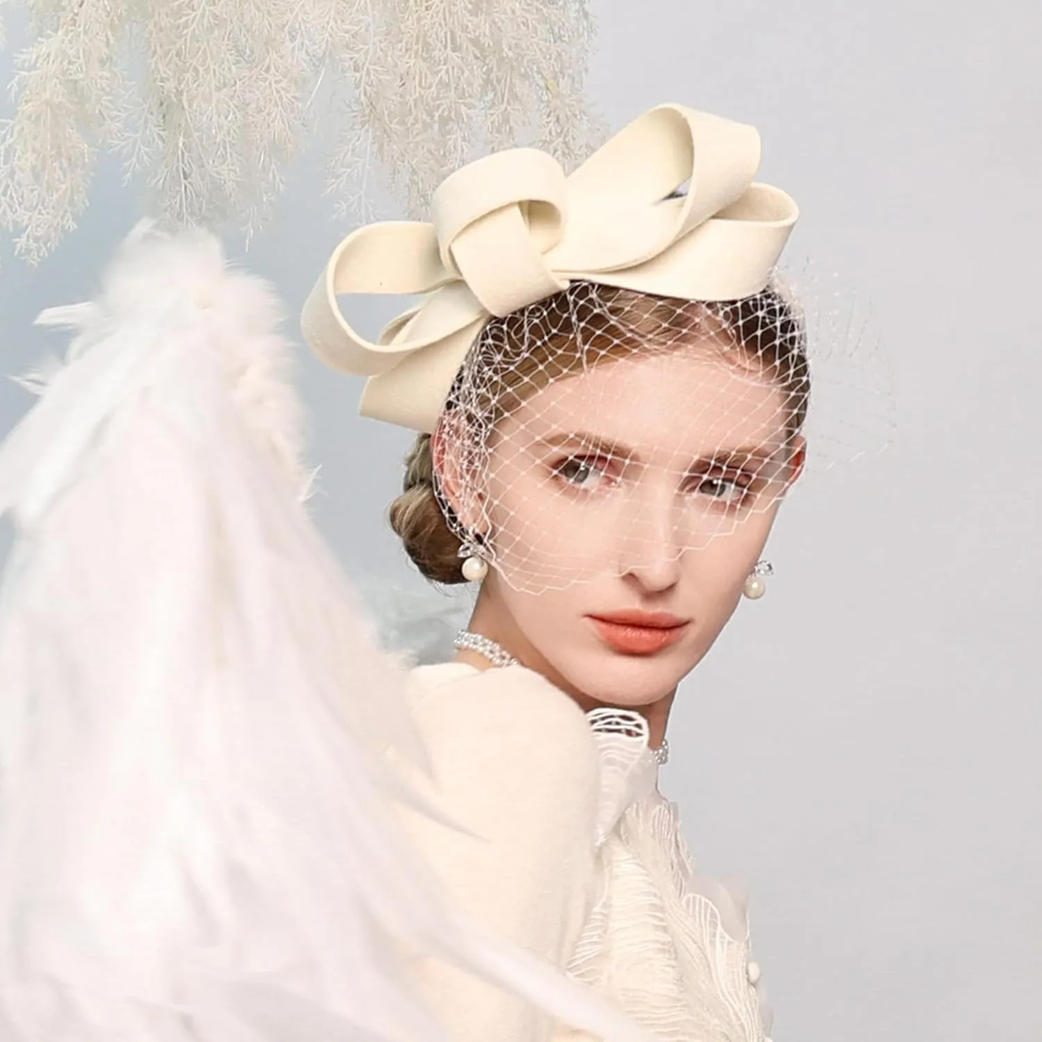 Wool Felt Fascinators Wedding Hats for Women with Veil Bowknot Tea Party Lady Elegant Church Dress Derby Cap