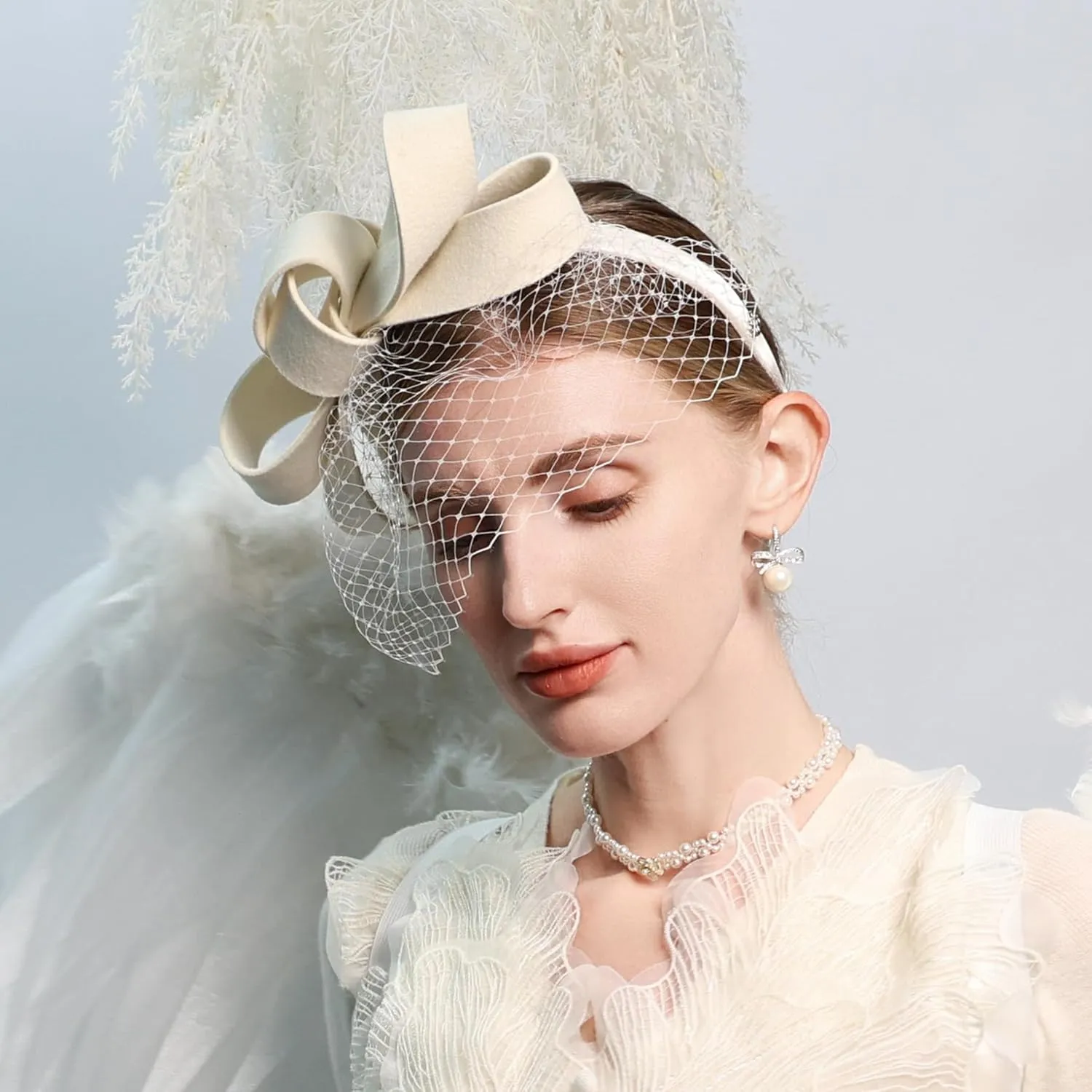 Wool Felt Fascinators Wedding Hats for Women with Veil Bowknot Tea Party Lady Elegant Church Dress Derby Cap