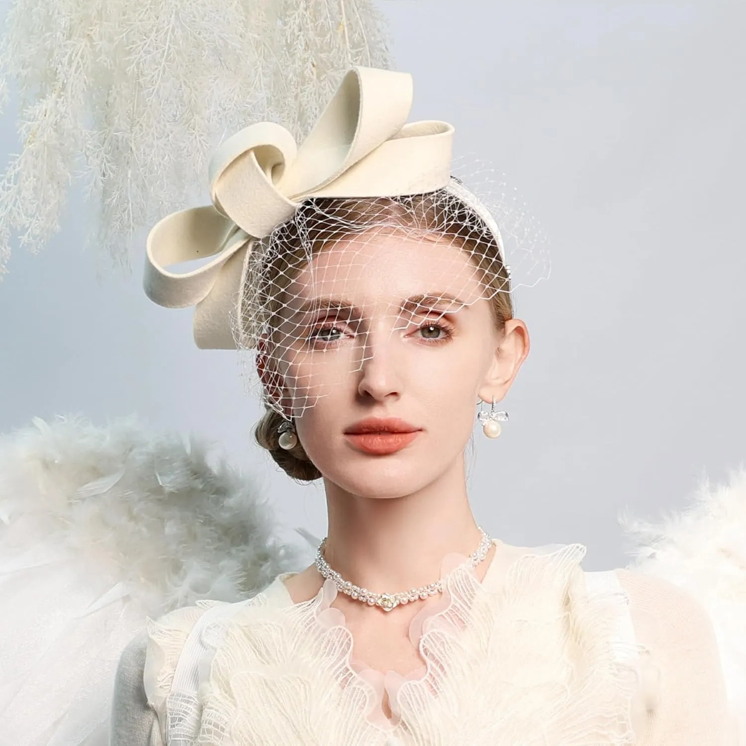 Wool Felt Fascinators Wedding Hats for Women with Veil Bowknot Tea Party Lady Elegant Church Dress Derby Cap
