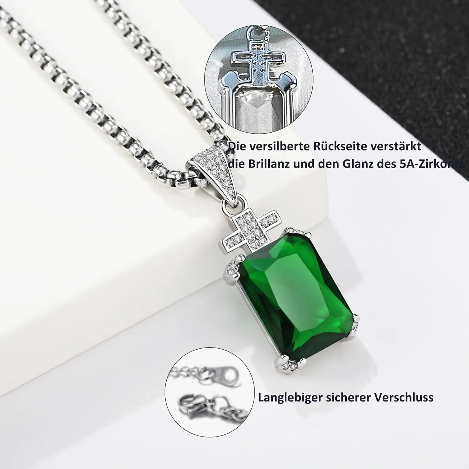 YAMI Necklace for Men, Cross Pendant with 24" Stainless Steel Chain, 17.5-Carat Cubic Zirconia Diamond, Emerald Cut Birthstone, Jewelry Gift for Boyfriend/Husband