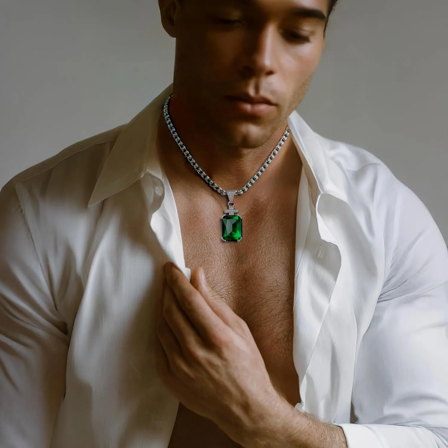 YAMI Necklace for Men, Cross Pendant with 24" Stainless Steel Chain, 17.5-Carat Cubic Zirconia Diamond, Emerald Cut Birthstone, Jewelry Gift for Boyfriend/Husband