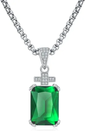 YAMI Necklace for Men, Cross Pendant with 24" Stainless Steel Chain, 17.5-Carat Cubic Zirconia Diamond, Emerald Cut Birthstone, Jewelry Gift for Boyfriend/Husband