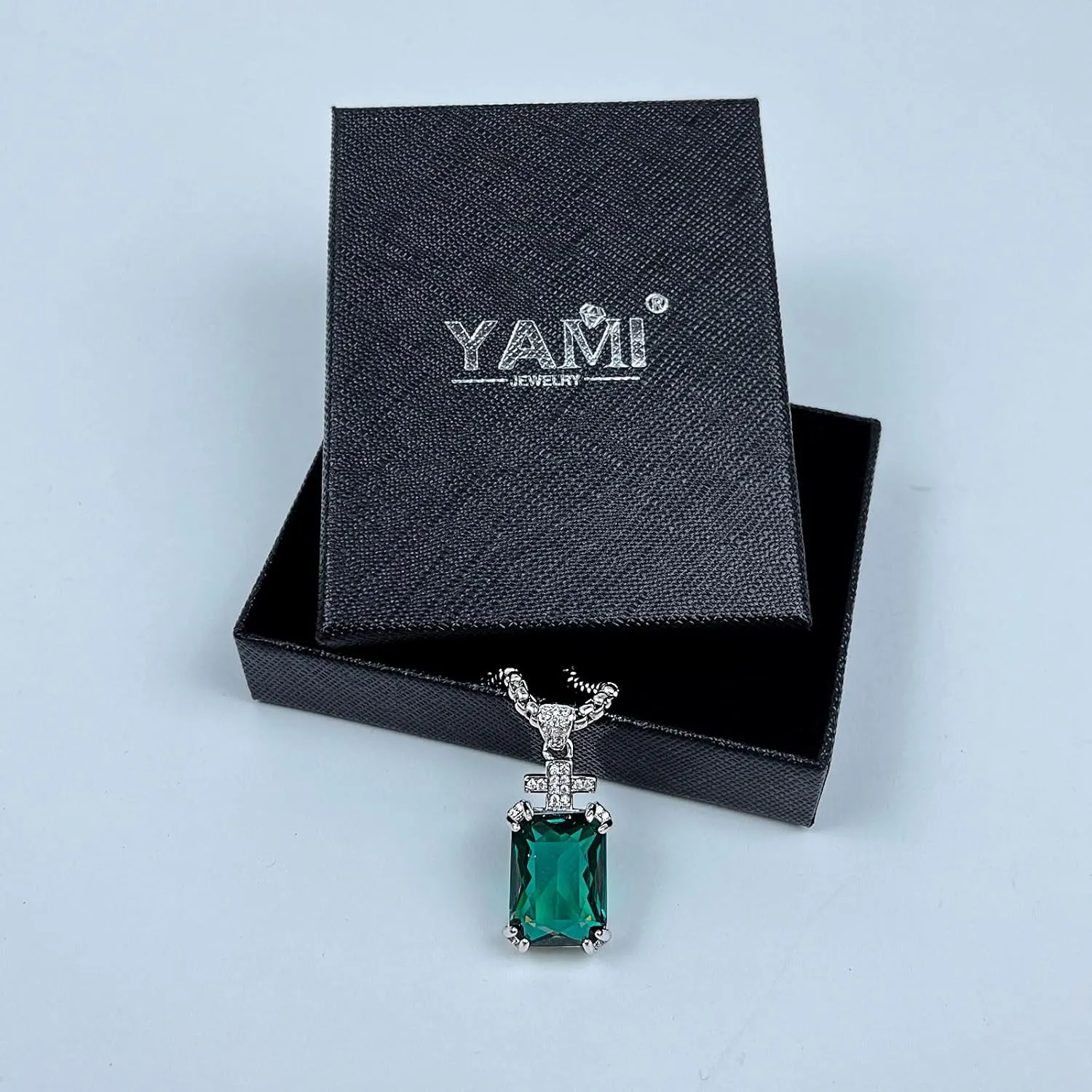 YAMI Necklace for Men, Cross Pendant with 24" Stainless Steel Chain, 17.5-Carat Cubic Zirconia Diamond, Emerald Cut Birthstone, Jewelry Gift for Boyfriend/Husband