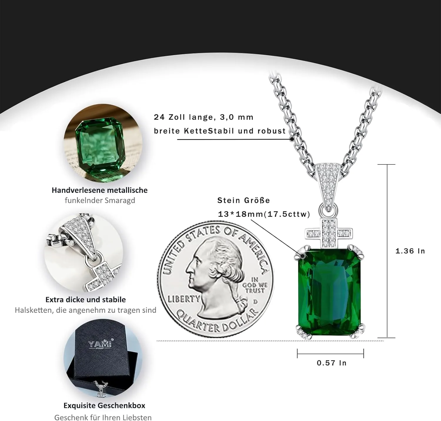 YAMI Necklace for Men, Cross Pendant with 24" Stainless Steel Chain, 17.5-Carat Cubic Zirconia Diamond, Emerald Cut Birthstone, Jewelry Gift for Boyfriend/Husband