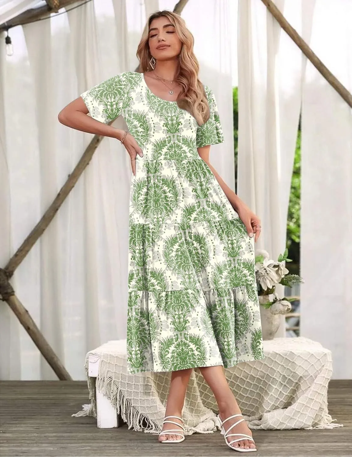 Zeagoo Women's Summer Dress Midi Floral Flutter Short Sleeve Casual Dresses with Pockets Tiered Flowy Boho Beach Dress