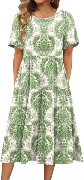 Zeagoo Women's Summer Dress Midi Floral Flutter Short Sleeve Casual Dresses with Pockets Tiered Flowy Boho Beach Dress