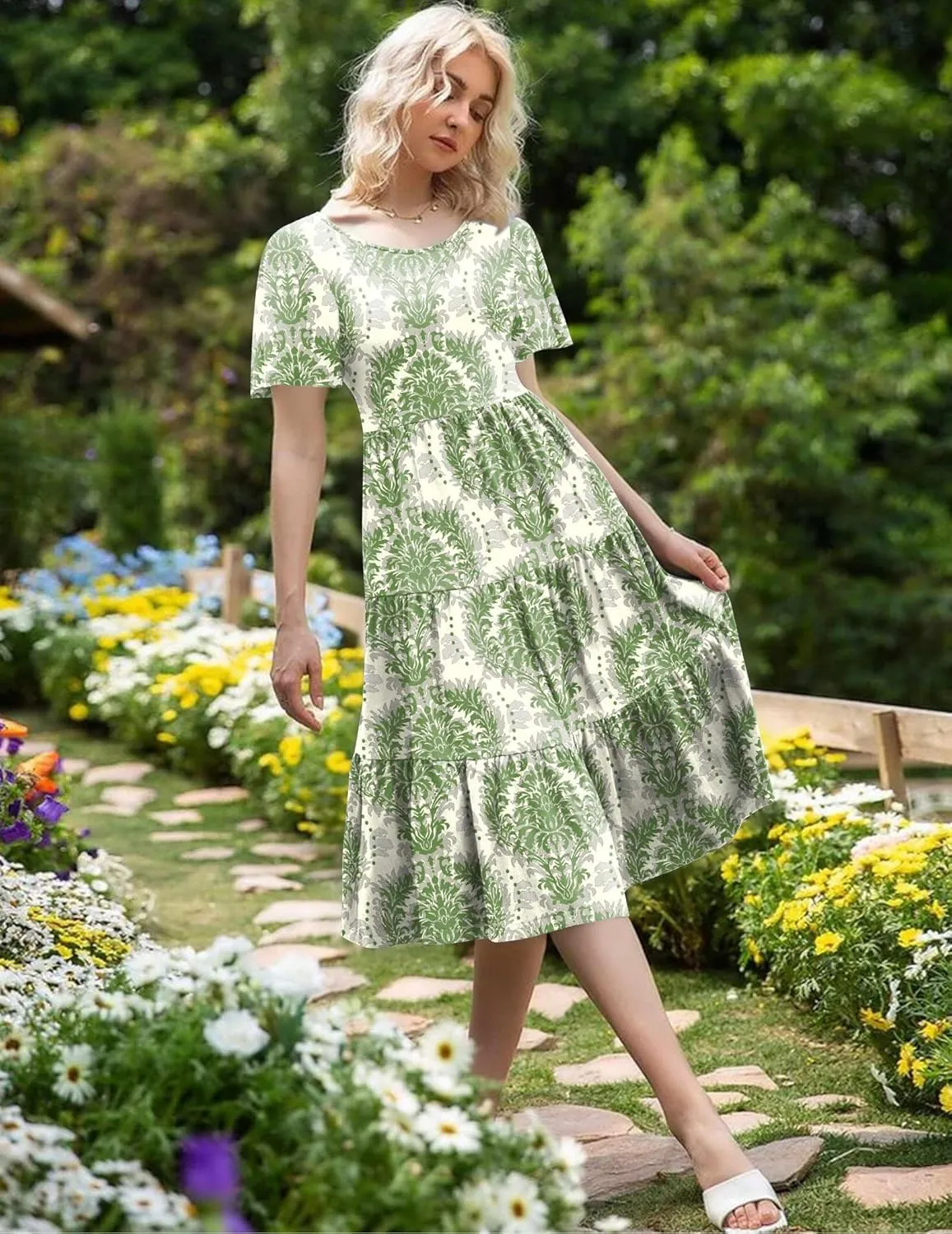 Zeagoo Women's Summer Dress Midi Floral Flutter Short Sleeve Casual Dresses with Pockets Tiered Flowy Boho Beach Dress